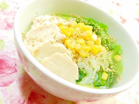 ❤吹立菜とコーンと鶏ハムの糸蒟蒻ラーメン（風）❤